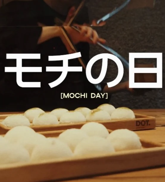 Fresh mochi arranged on wooden DOT. serving trays
